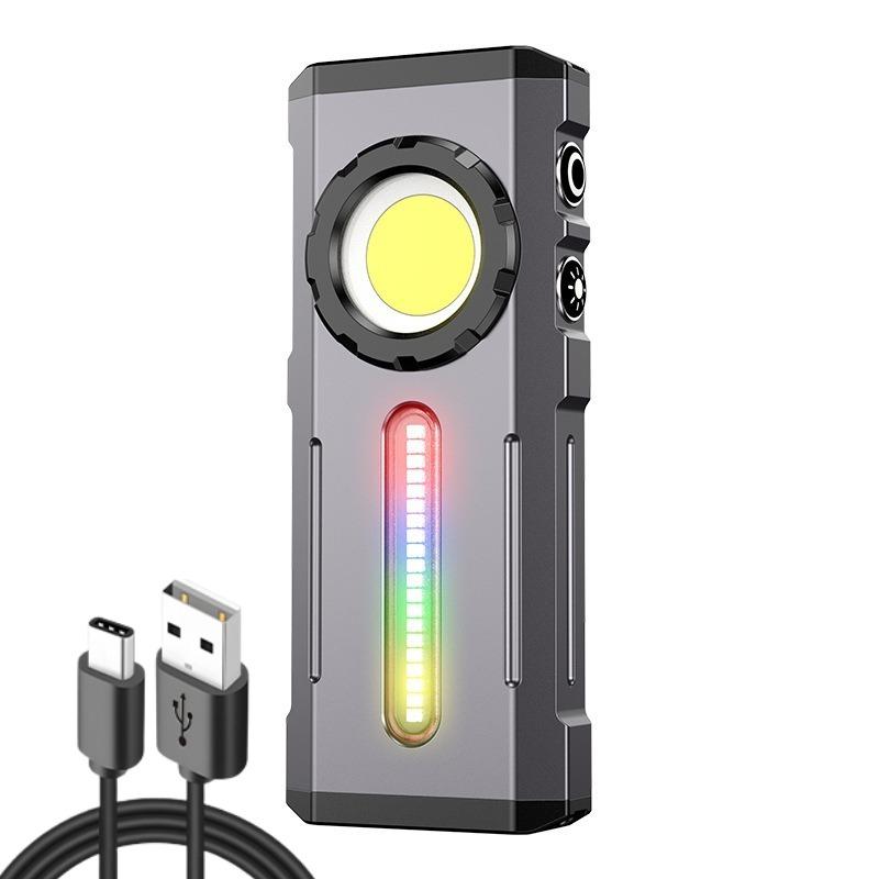 COB Work Light Type-C Rechargeable Flashlight with RGB Light Portable Hat Clip Lamp for Camping & Emergency