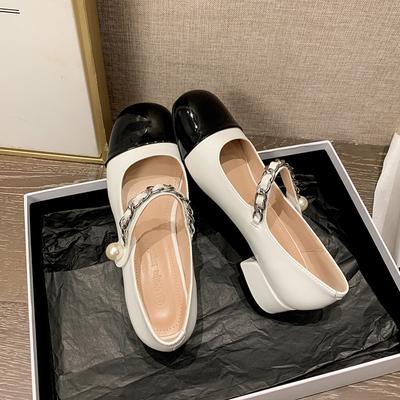 Туфли женские 2025 весна новые жемчужные туфли-лодочки в стиле ретро с маленьким ароматом, туфли Мэри Джейн на толстом и среднем каблуке, маленькие кожаные туфли