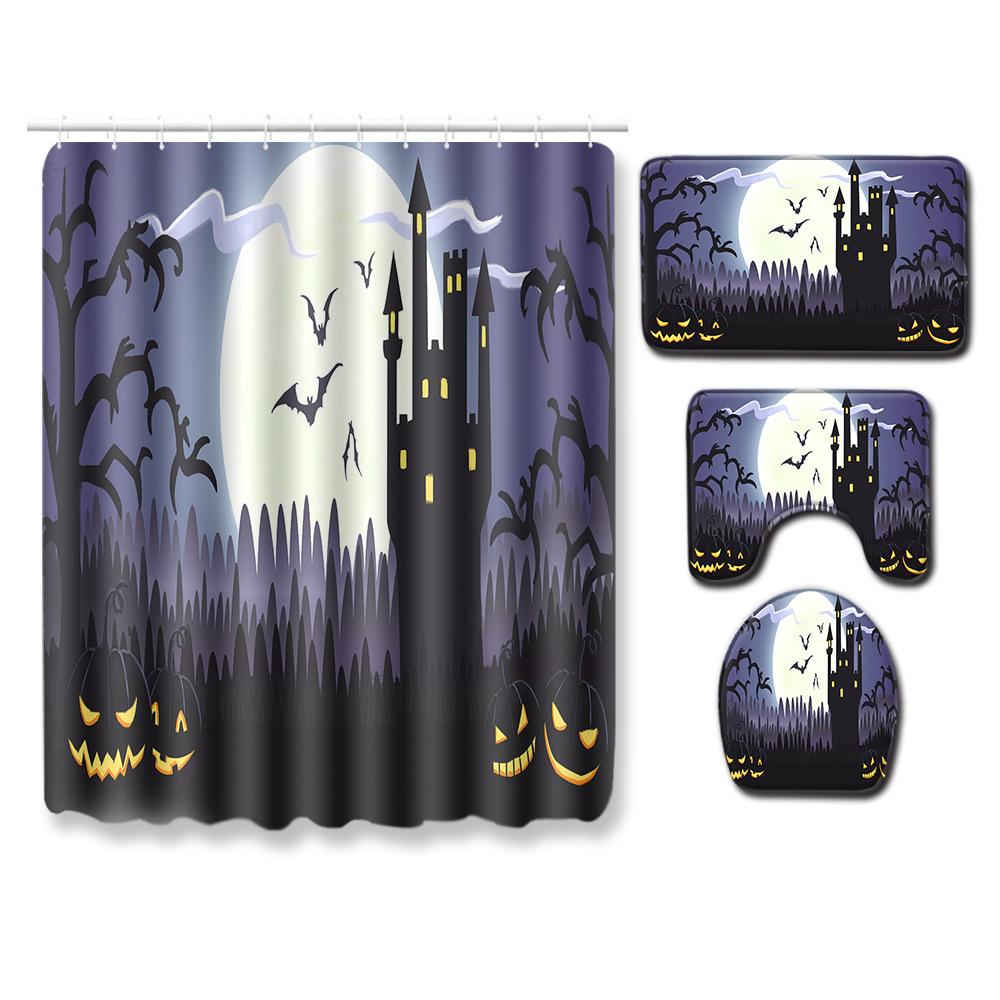 Halloween Shower Curtain Floor Mat Combination Four-Piece Set Bathroom Toilet Carpet Shower Room Foot Mat