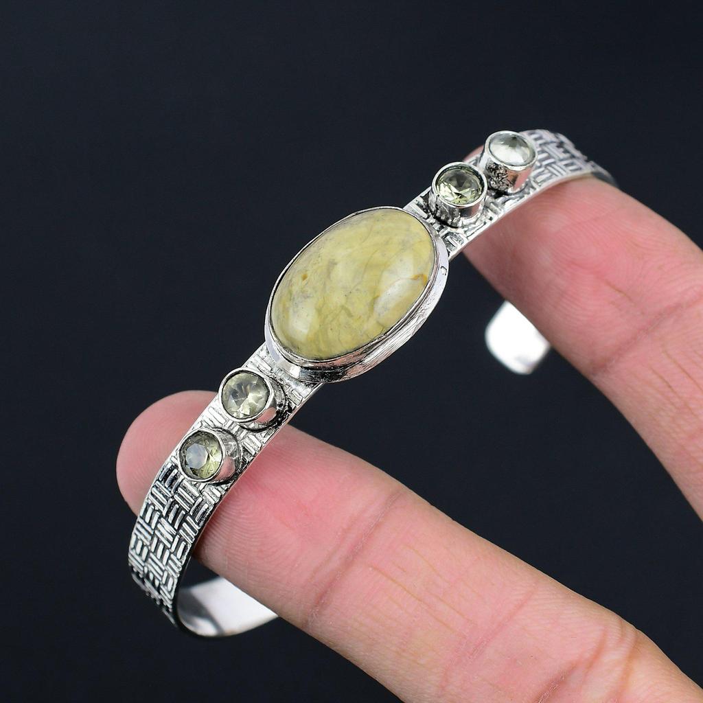 Oval Polychrome Jasper Stone Green Amethyst Sterling Silver Sister Boho Bangle