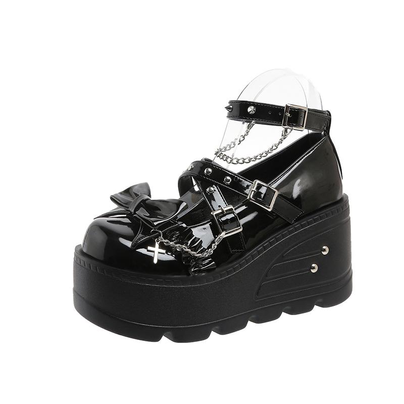 Мода Оригинальный Панк Стиль Мэри Джейн Круглый Носок Толстая Подошва Обувь на Платформе Женская Y2K Клепки Клиновидный Каблук Женщины Девушки Кожаные Туфли