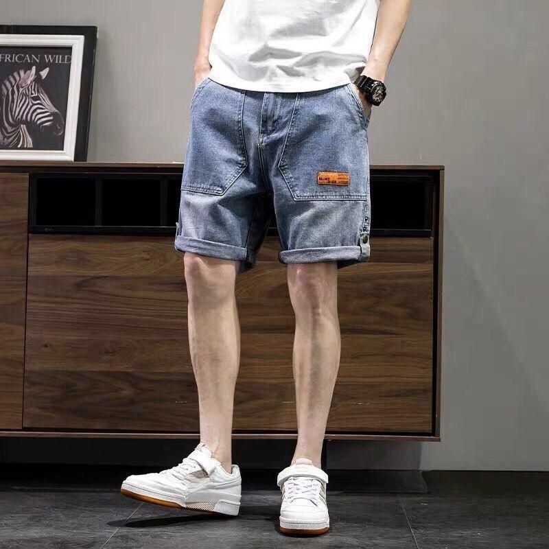 Men's Summer Slim Loose Fitting Fashion Label Denim Jogger Pants Five Point Fashion Blue Baggy Shorts Jeans