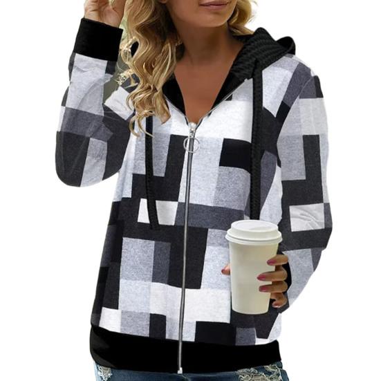 Осенние женские толстовки с капюшоном, модная куртка-кардиган с клетчатым узором на молнии и планкой, обычная посадка с длинными рукавами, повседневное пальто с капюшоном, весенне-осенняя женская одежда