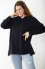 Women's Style Big Size Sweatshirt Large Size Navy Blue Relaxed Cut Side Slit Hooded Sweratshirt