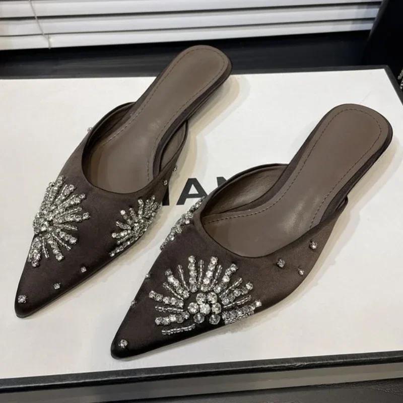 Модные хрустальные туфли-мюли на каблуке с острым носком, элегантные босоножки на каблуке, летние шлепанцы для вечеринок 2025, новая роскошная женская обувь