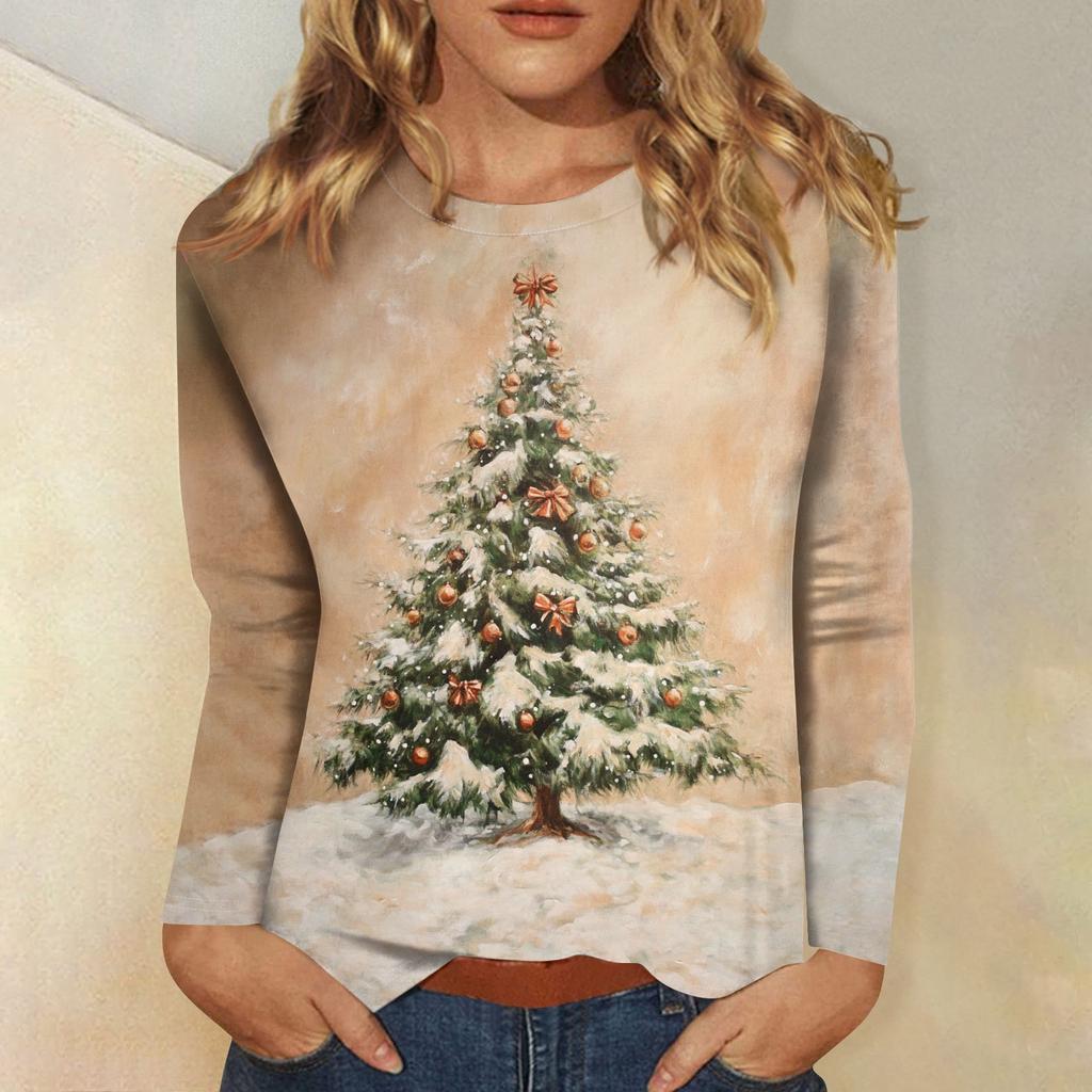 Long Sleeve Shirts For Women Cute Print Graphic Tees Blouses Casual Plus Size Basic Tops Pullover Christmas