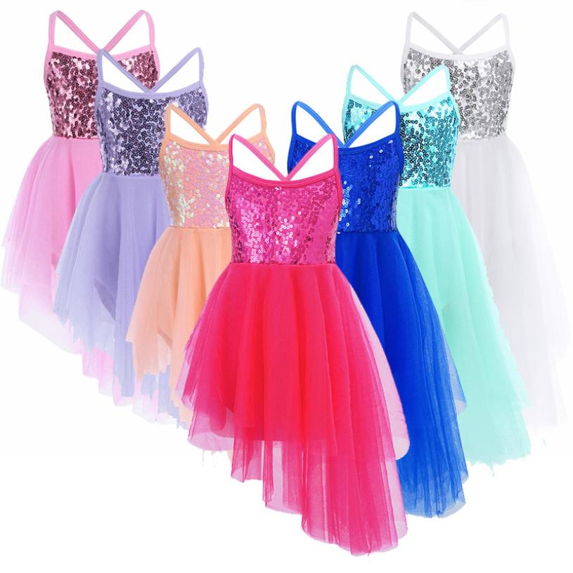 Kids Girls Sleeveless Sequins Tulle Ballet Dance Gymnastics Leotard Dress Lyrical Dance Wear