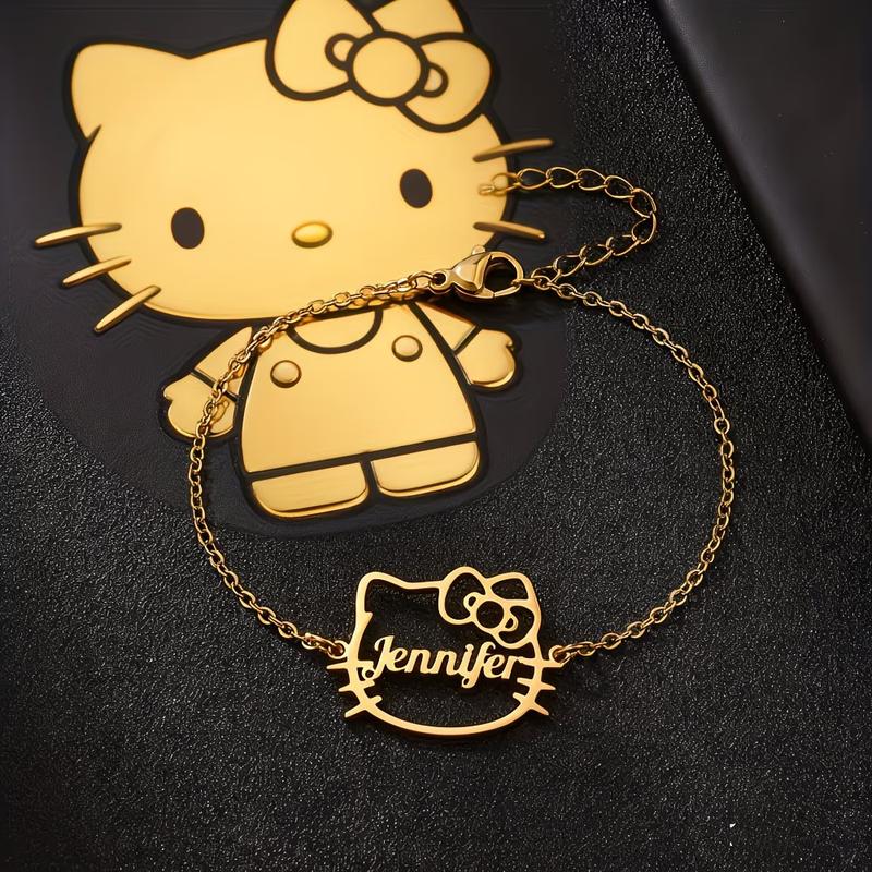 Индивидуальная цепочка-браслет Hello Kitty с бантом и именем Для женщин Вечеринка Свадьба День рождения Украшения Sanrio Нержавеющая сталь Подарок Летние браслеты