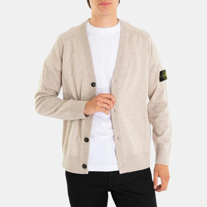 STONE ISLAND Мужской трикотажный свитер с V-образным вырезом, однобортный, однотонный, с рукавами реглан, с длинными рукавами, цвет светло-коричневый 8115523B4-V0M97