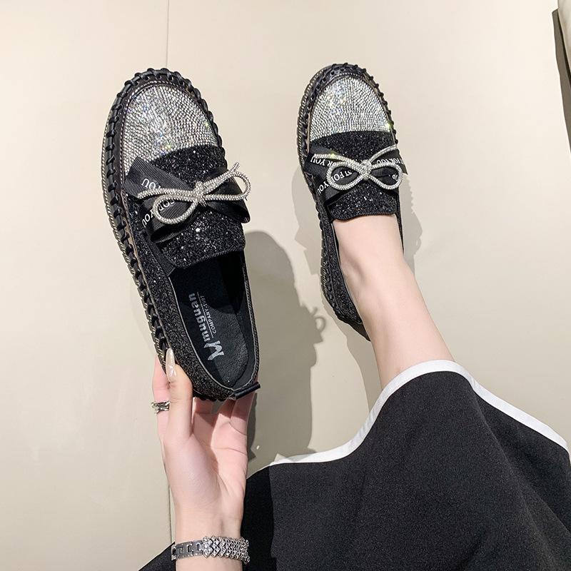 Туфли с одной педалью, женские, новинка 2024 года, повседневная обувь со стразами и французским бантом, нишевый дизайн, трендовая обувь для одиночной обуви