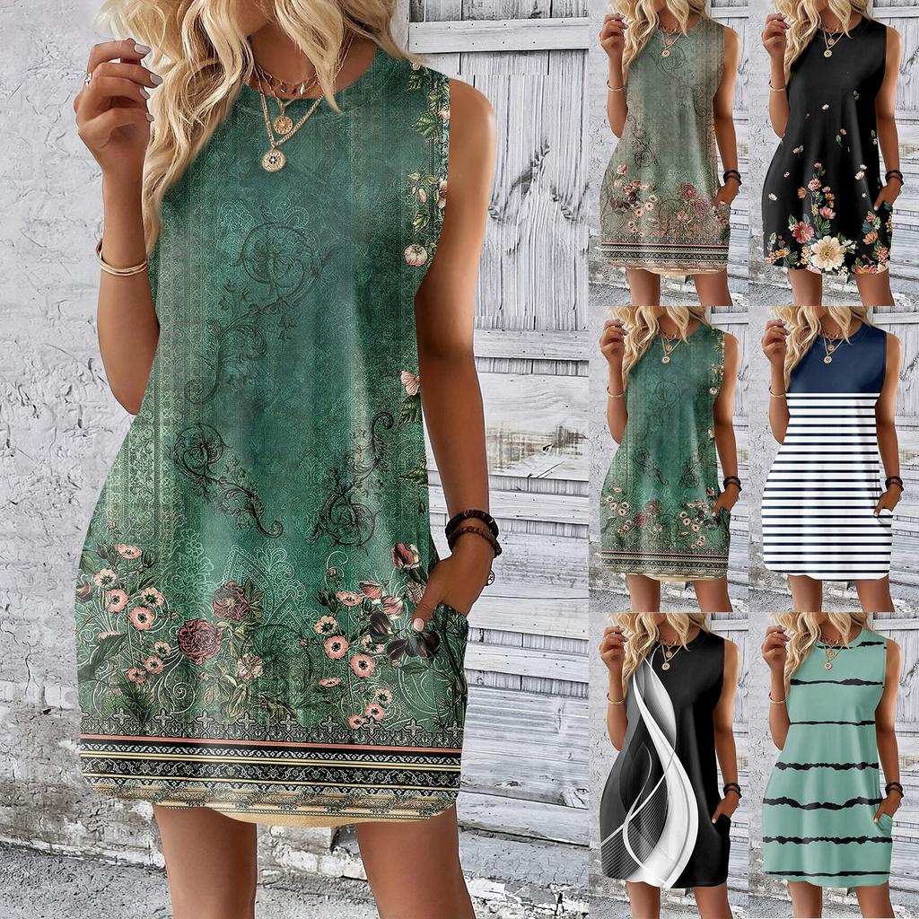 Женское повседневное и модное платье средней длины с круглым вырезом и без рукавов с принтом