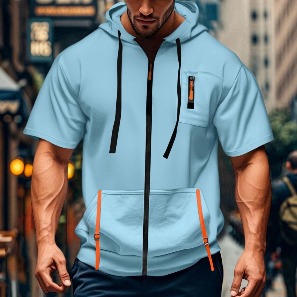 Men's Casual Short-sleeved Sweatshirt. Loose And Breathable Solid-color Sweatshirt Jacket With Multiple Pockets And A Zipper.