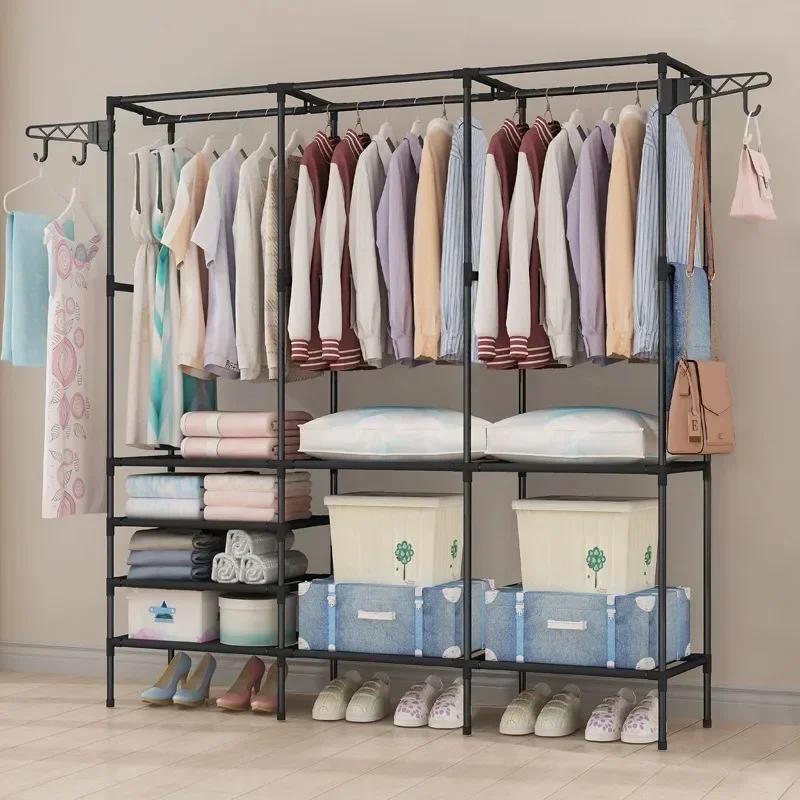 Floor Standing Coat Rack Bedroom Double Row Clothe Shelves Simple Large Capacity Wardrobe Closet For Clothes And Shoes Assembly