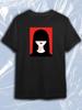 TeeSensation Black Crew Neck Short Sleeve T-Shirt with Rectangular Minimalist Woman with Black Hair Covering Eyes Red Lips On Red