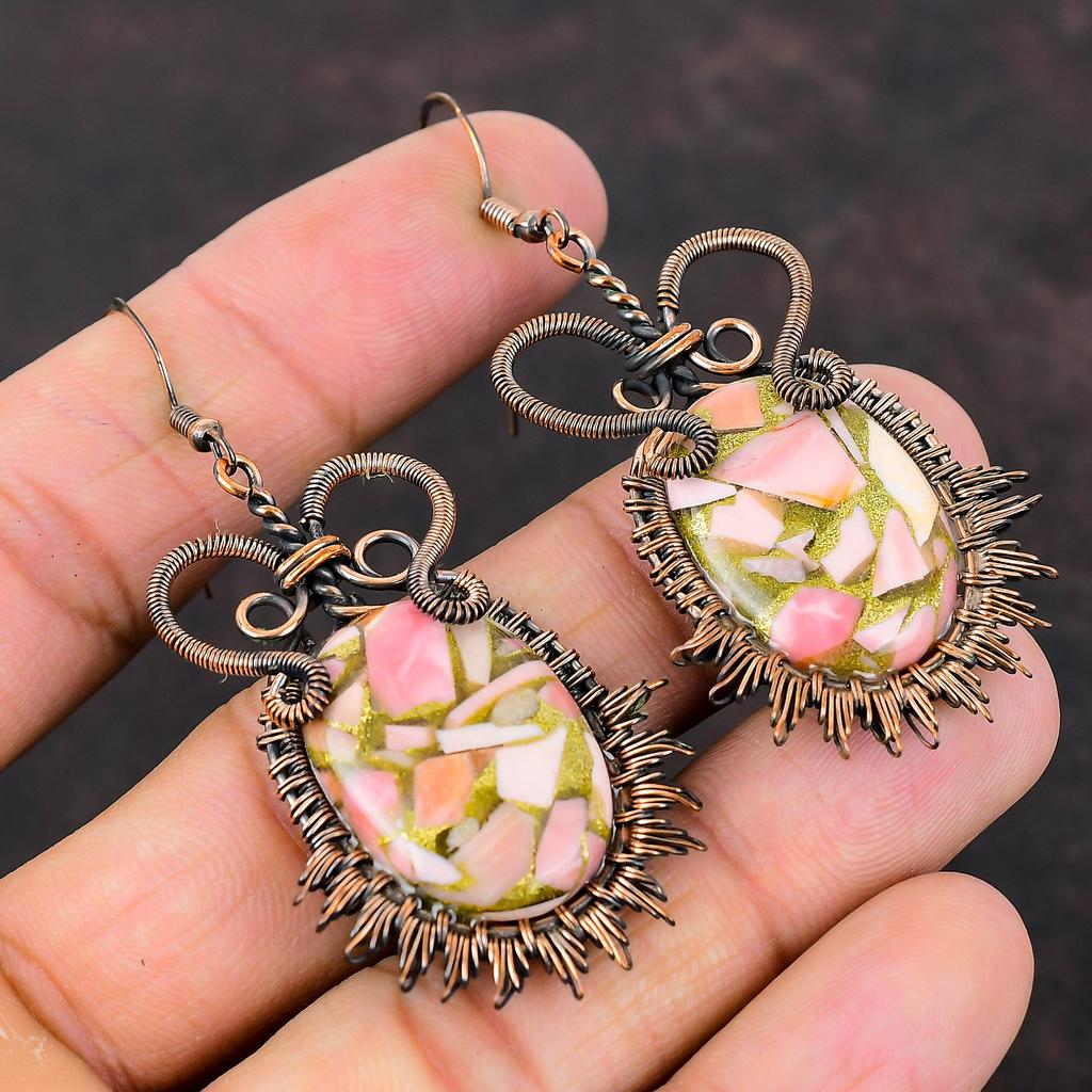 Медные серьги с розовым опалом Серьги из медной проволоки Серьги с розовым опалом Ювелирные изделия Серьги с драгоценными камнями Серьги ручной работы Изящные медные украшения Подарок для нее
