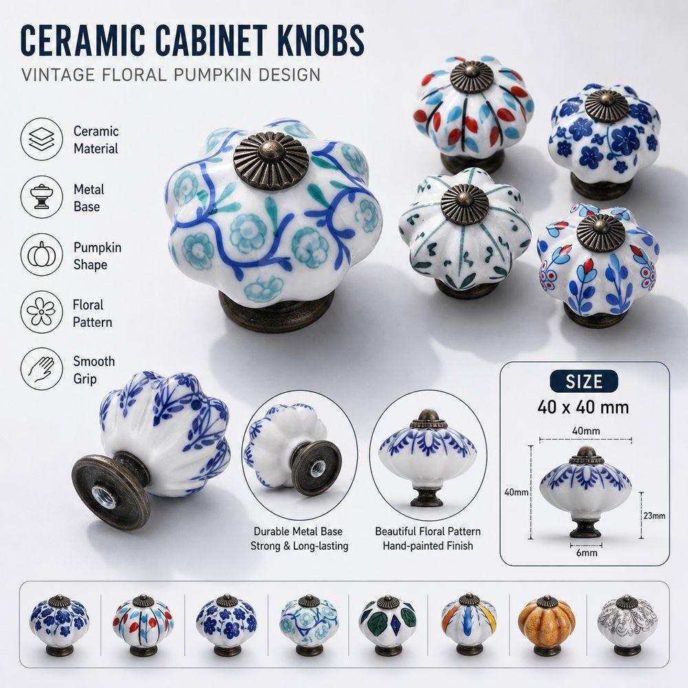 Pumpkin Shape Cabinet Door Knobs Floral Pattern Ceramic Cabinet Knobs Cupboard Door