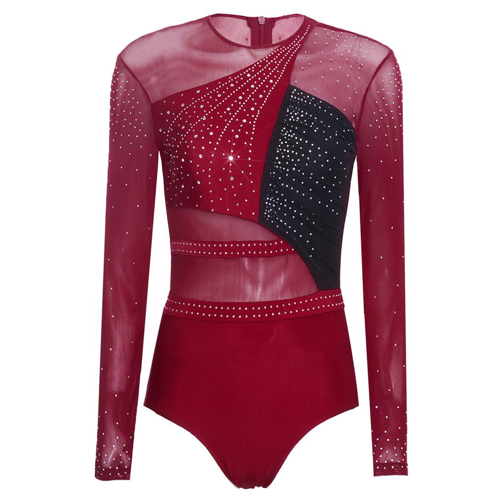Women Shiny Rhinestones Patchwork Sheer Long Sleeve Color Block Gymnastics Leotard Bodysuit