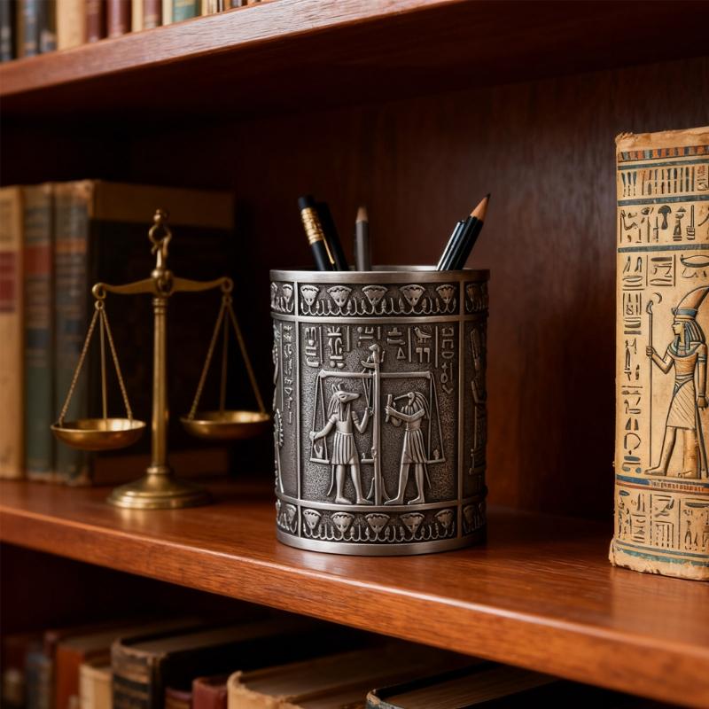 Retro Egyptian Embossed Pen Stand Cylinder Shape Alloy Pen Cup Desktop Organiser Storage Box for Office Desk Decoration