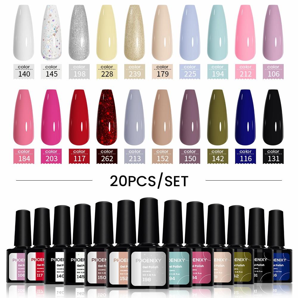 PHOENIXY, 20 шт., набор гель-лаков для ногтей, набор геля для замачивания с чистым цветом для дизайна ногтей, стартовый набор для начинающих, сделай сам, дома