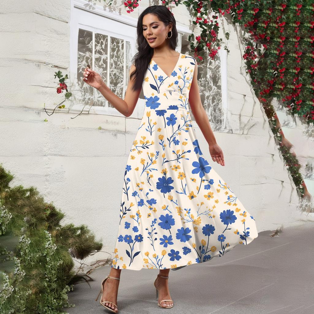 Women's Casual And Fashionable Floral Print V-Neck Sleeveless Dress Sleeveless Dress