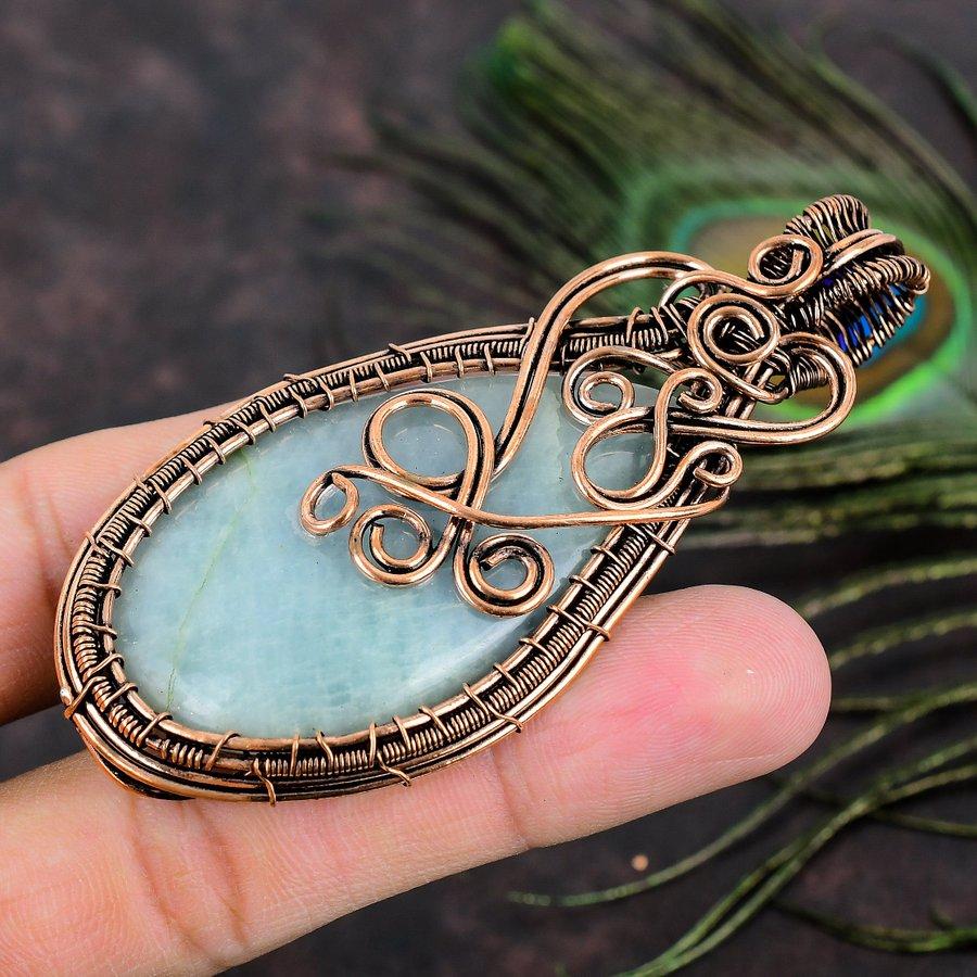 Aquamarine Handmade Copper Wire Wrap Jewelry Pendant 3.43 W1S97