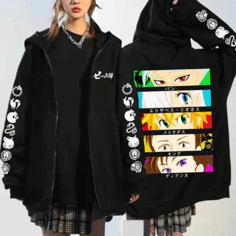 Аниме Семь смертных грехов Мелиодас Елизавета Бан Графическое худи с капюшоном для мужчин женщин Манга Толстовки на молнии Харадзюку Толстовка Куртка на молнии