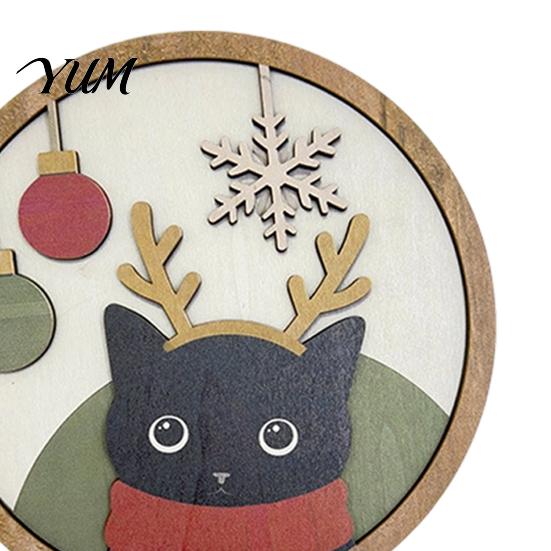 Entryway Hanging Decor Christmas Black Cat Wall Decor, Layered Wooden Sign, Round 2D Theme Flat Art Decoration for Living Room Bedroom And Hall Porch