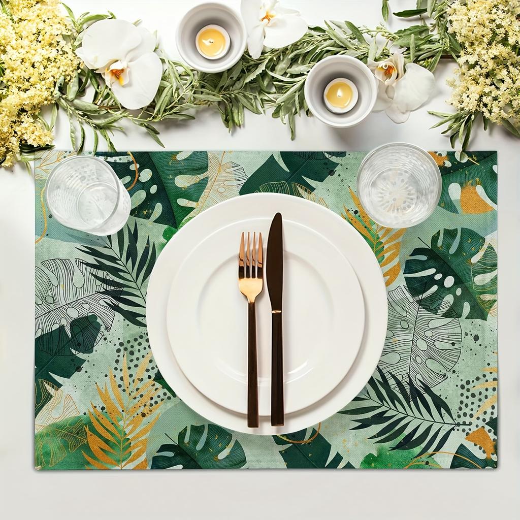 Tropical Palm Leaves Place Mats Set of 4 Green Golden Leaf Summer Washable Heat Resistant Table Mats Fabric Table Mat 12×18 Inch for Party Kitchen