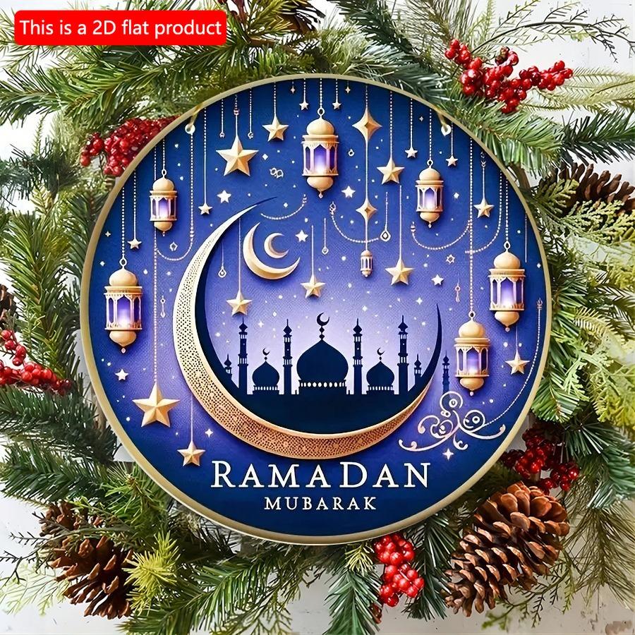 2D Flat 20*20cm 1pc Happy Eid Golden Moon Stars Design High Quality Blue Window Pendant, Suitable For Ceiling Hanging Round Wooden Ornament, Terrific