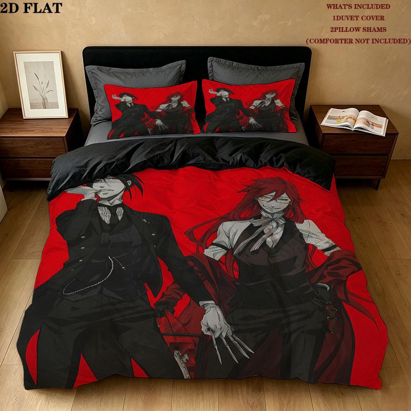 Black Butler Pattern Bedding Quilt Set Quilt Cover Pillowcase Home Birthday Gift(1 * duvet cover + 2 * pillowcase, without core)