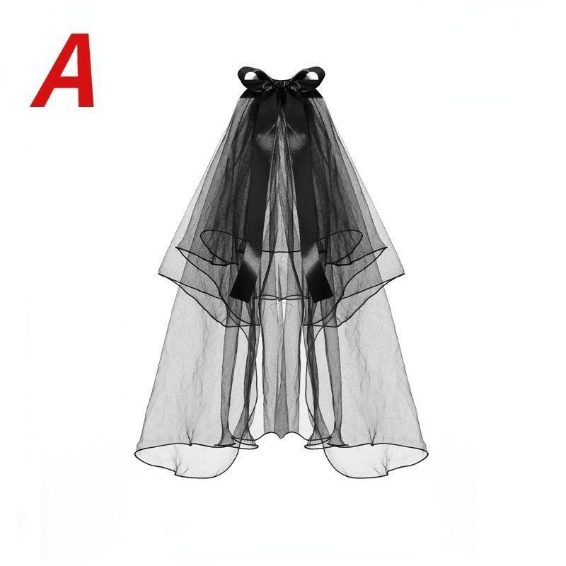 Двухъярусные фаты для невест Женская многослойная короткая свадебная фата из черного тюля Фата с бантом Свадьба Хэллоуин Косплей Вечеринка
