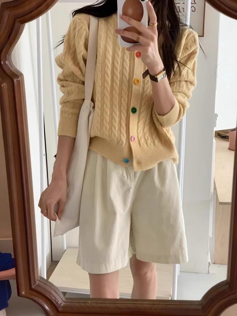 Женский кардиган в стиле ретро с кабельным узором: Мягкий, Теплый, Круглый вырез, на Пуговицах - Повседневный Корейский Стиль для Осени/Зимы.