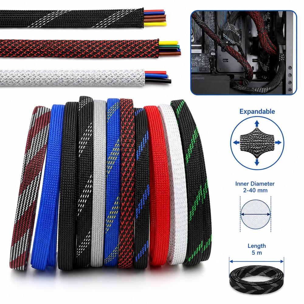 Flame Retardant Braided Cable Sleeve Insulated Cable Sleeving Electronic Wire Organization