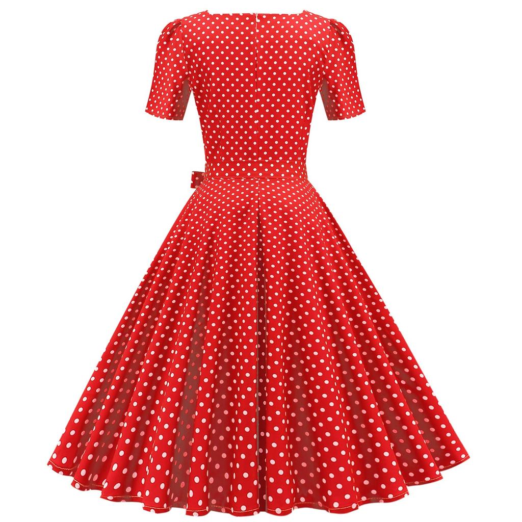 Retro Women's Square Neck Short Sleeve Polka Dot Print Lace Up Waist Big Swing Dress