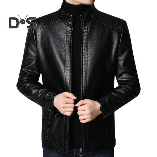 Мужская куртка из искусственной кожи, сплошной цвет, воротник-стойка, гладкая, толстая, теплая, с длинным рукавом, на молнии, защита шеи, мотоциклетная, ветрозащитная, крутая осенне-зимняя куртка