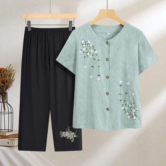 Комплект из двух предметов с цветочным принтом для пожилых женщин, повседневный топ с короткими рукавами и брюки на пуговицах, летняя одежда для бабушек и мам