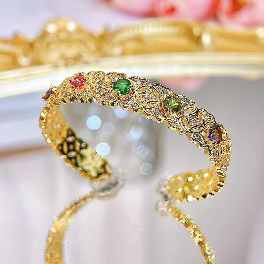 WWJ Royal And Noble Party Wedding Golden Регулируемый открывающийся браслет Роскошные ретро женские ювелирные аксессуары Цветные браслеты с цирконием CZ