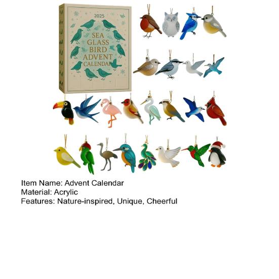Календарь ожидания из морского стекла 'Птица' 2025 24 дня до Рождества, елка
