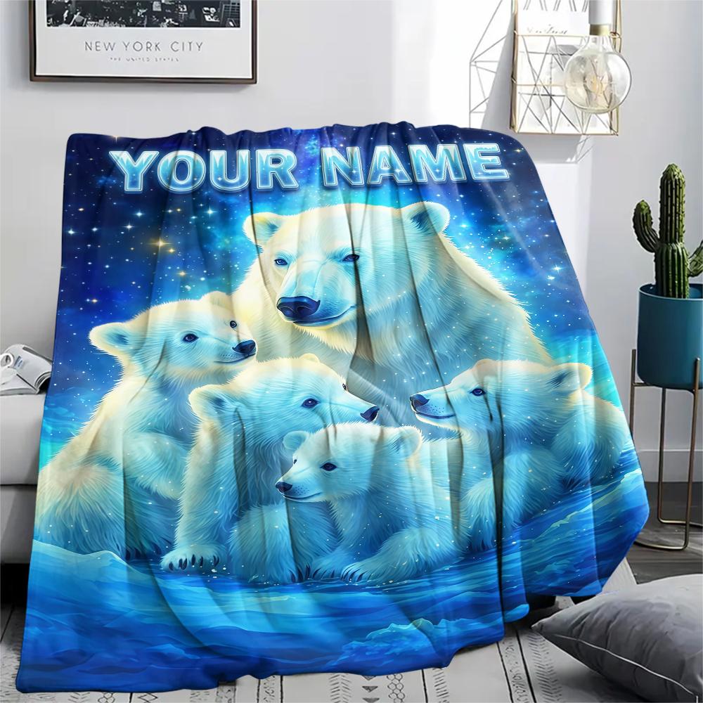 1PC Custom Name Polar Bears Winter Patterned Flannel Blanket Suitable For All Seasons for Home Decor Warmth and Comfort Gifts Holiday Present_lx