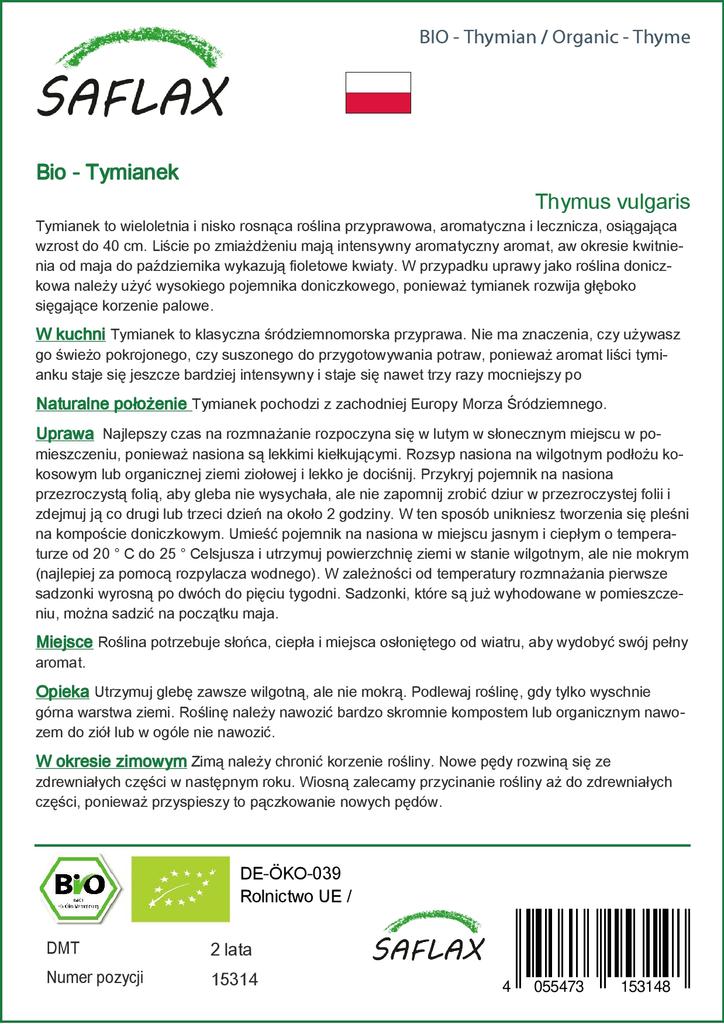 SAFLAX Garden in the Bag - Органический - Тимьян - 800 семян - С субстратом в подходящем стоячем пакете - Тимьян обыкновенный
