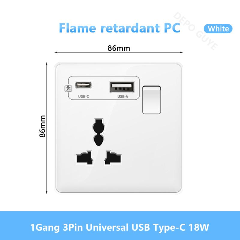 Белая настенная розетка USB стандарта Великобритании 13A, универсальная вилка Type-C для быстрой зарядки мощностью 18 Вт, настенный выключатель света, электрическая розетка