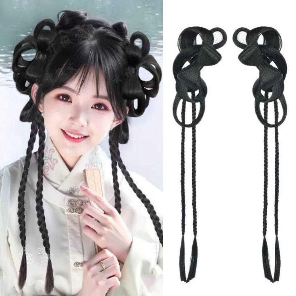 Double Ponytail Bow Bun Head Wig Chinese Hanfu Pony Tail Hairpiece Princess Cosplay