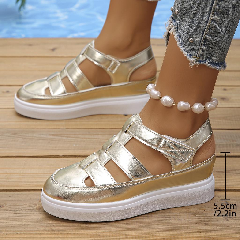 Летние женские сандалии на толстой подошве с покатым каблуком Roman Baotou Casual Cool Single Shoes Толстые пляжные сандалии на липучках для женщин