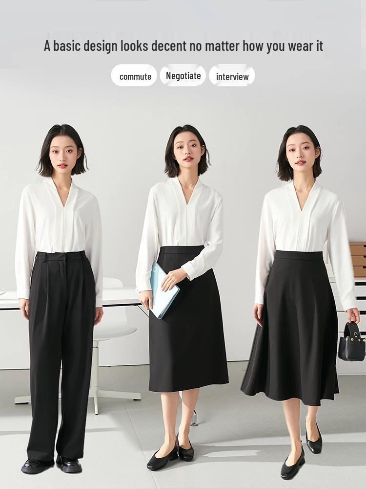 Женская белая шифоновая рубашка с V-образным вырезом – Элегантная официальная одежда для собеседований и офиса