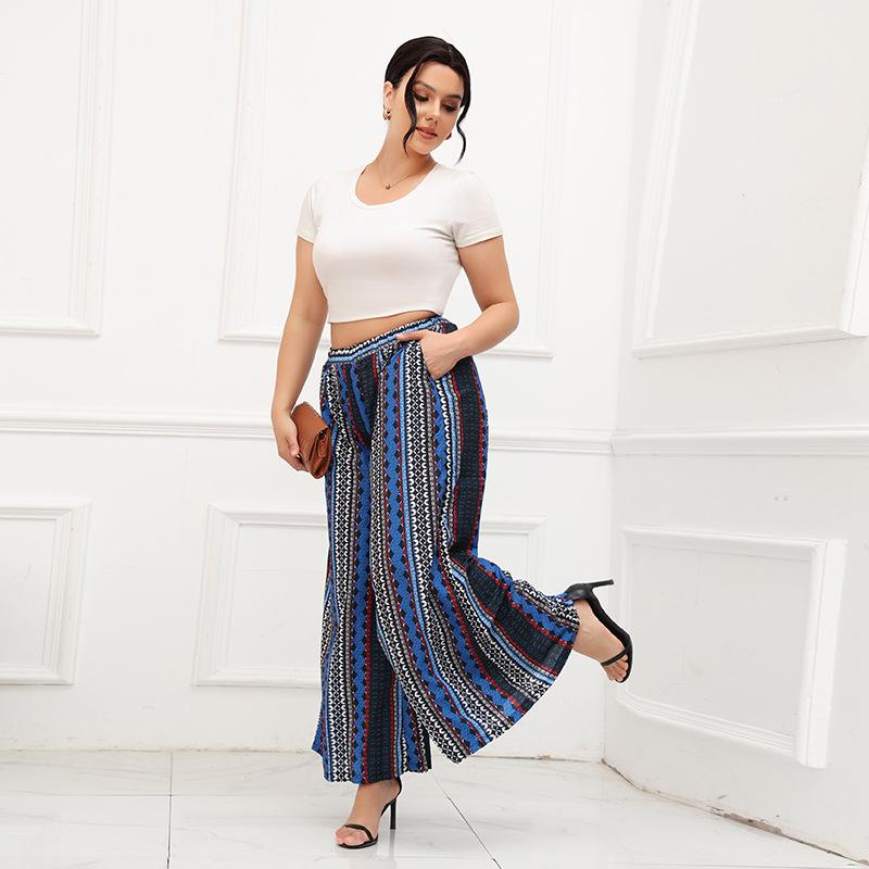 Summer Women's Pants Plus Size Wide Leg Pants Bohemian Style Striped Blue Elastic Waist Pants Seaside Vacation Beach Pants