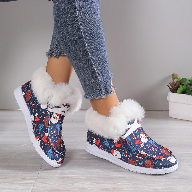 Fashion 2024 Winter New Women's Santa Print Canvas Shoes Fluffy Plush Lined Warm Slip-On Flat Shoes