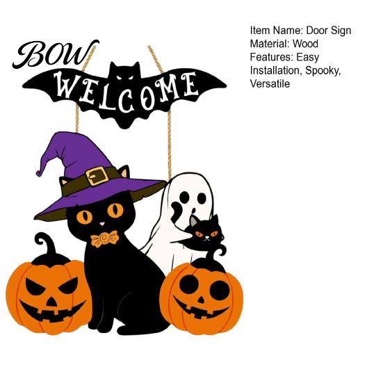 Halloween Gift for Friends Wooden Welcome Door Sign, Pumpkin Ghost Bat Hanging Decor Yard, Home Party Entrance Rustic Wood Art Sign