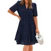Women's Hollow Out Eyelet Dress Casual Short Sleeve V-neck Midi Dress Summer Beach Tiered Flowy A-line Sundress
