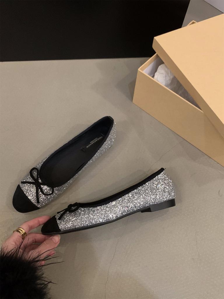 Французские туфли на плоской подошве с серебряными блестками, женские туфли 2025 года, новые весенние и осенне-зимние нежные вечерние туфли, балетки