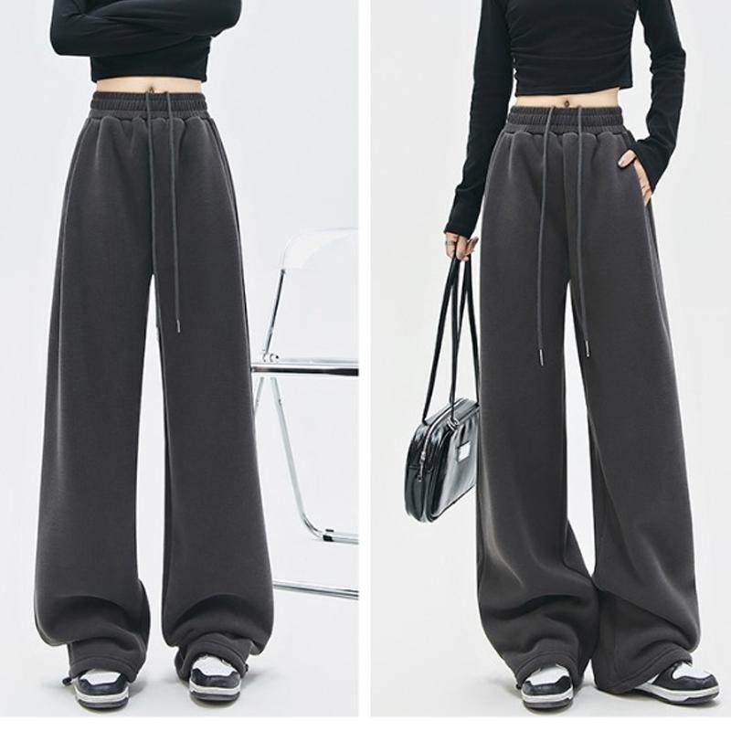 Autumn Winter Straight Thick Women's Sweatpants Loose Drawstring Wide-leg Cotton Long Pants Korean Style Casual High Waist Solid Color Trousers 2397